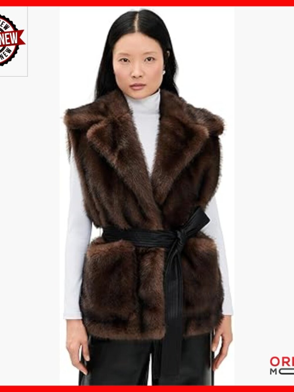 Faux Fur Vest with Shawl Collar and Belt, Sleeveless Outerwear